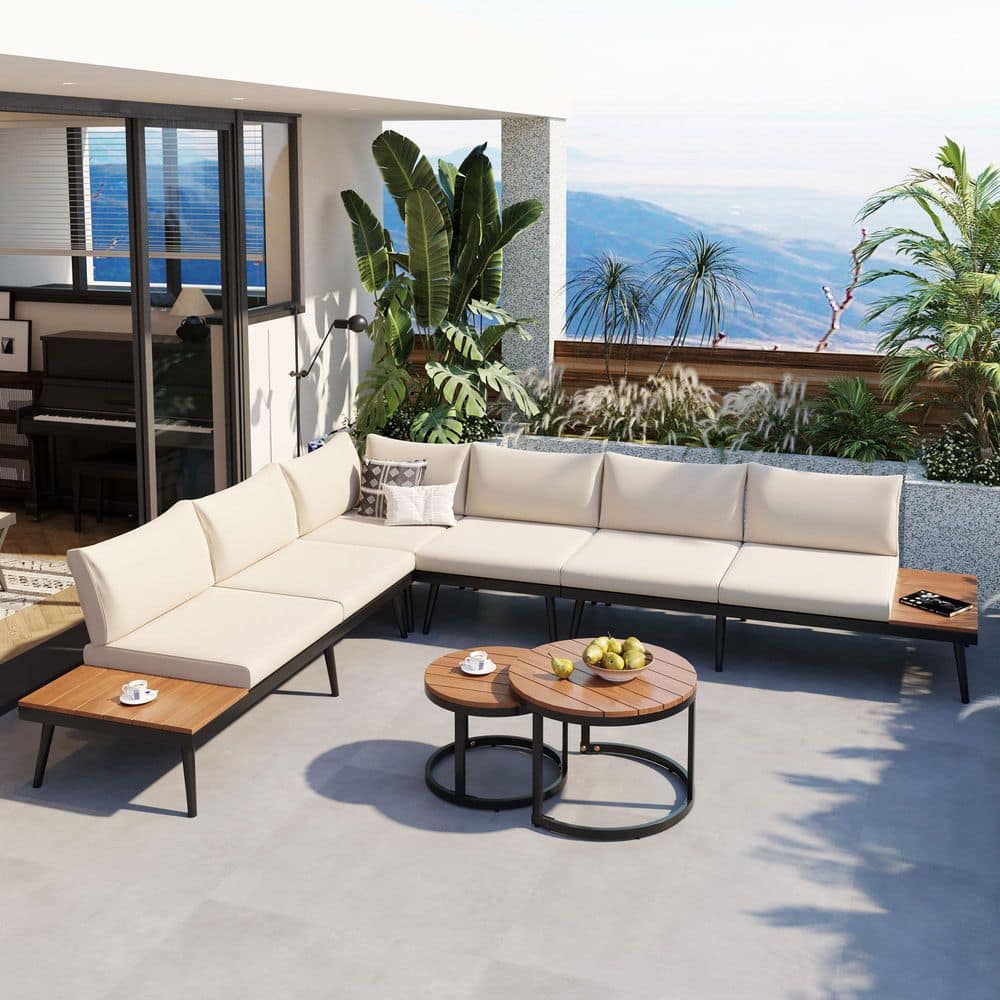 All-Weather 6-Piece Metal Outdoor Sectional Set, Patio Conversation Set with Round Nesting Coffee Tables, Beige Cushions price history on PriceWatchPro
