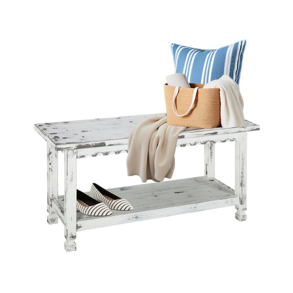 Alaterre Furniture Country Cottage 36 in. Solid Wood Entryway Bench with Shelf, Rustic Farmhouse Storage Bench, White Antique Finish