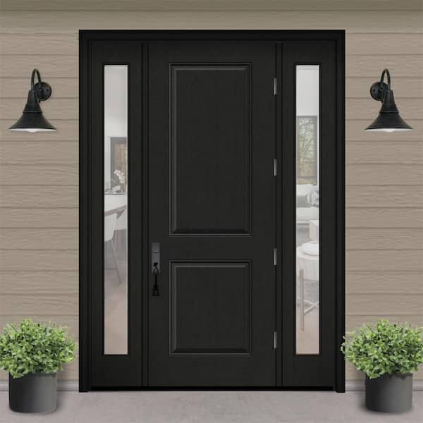 Regency 64 in. x 96 in. 2P Squaretop LHOS Onyx Stain Mahogany Fiberglass Prehung Front Door with Clear 12 in. SLs 4-9/16