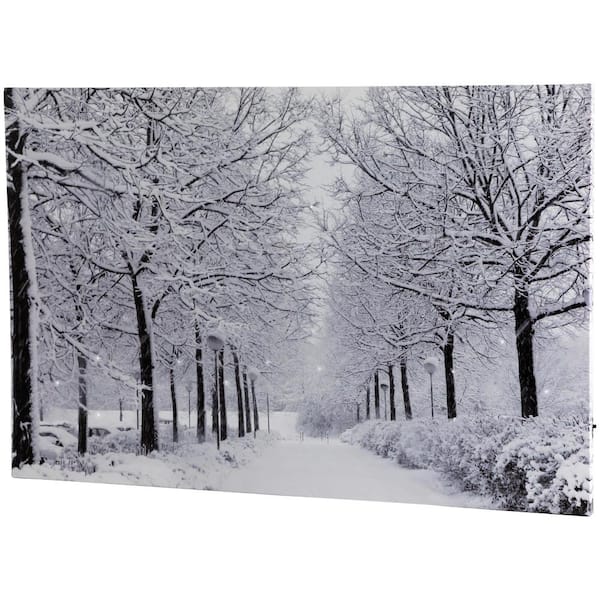 11.75 in. x 15.75 in. Fiber Optic Lighted Snowfall Winter Lane Christmas Canvas Wall Art