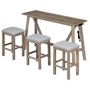 Natural Wood Wash 4-Piece Dining Table with 3 Upholstered Stools