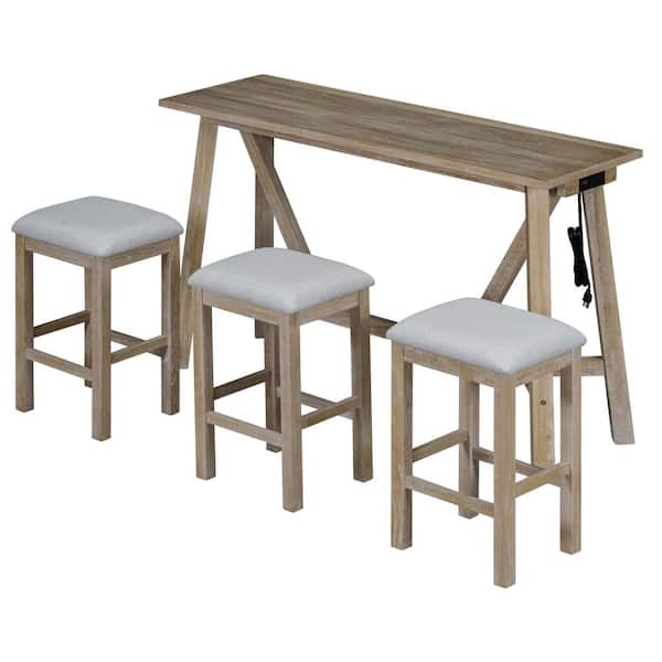 Nestfair Natural Wood Wash 4-Piece Dining Table with 3 Upholstered Stools