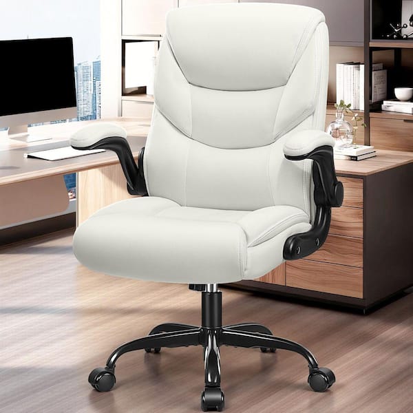 Leather Cushioned Ergonomic Executive Chair in White with Adjustable Armrests, SGS-certified Gas Lift Task Chair