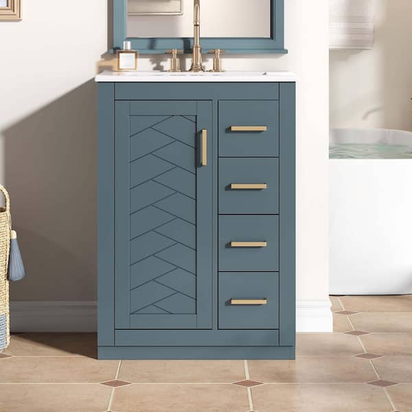 24 in. Freestanding Blue Bath Vanity with White Ceramic Sink Top, 1 Door, 3 Drawers