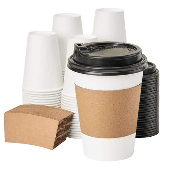 100-Pack 12 oz Disposable Paper Coffee Cups with Lids and Sleeves for Hot Beverages