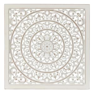 White Wood Square Floral-Patterned Wall Applique Decor