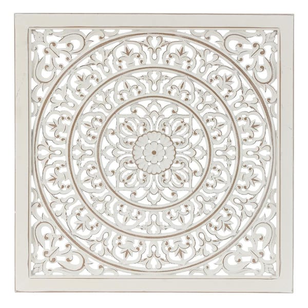 LuxenHome White Wood Square Floral-Patterned Wall Applique Decor