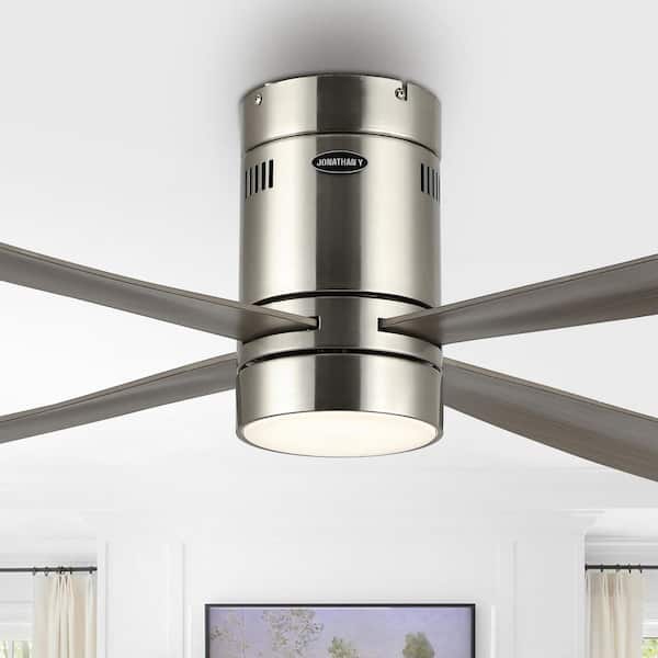 JONATHAN Y Theo 52 in. 1-Light Indoor Iron/Acrylic App/Remote-Control 6-Speed Integrated LED Ceiling Fan, Nickel/Gray Wood Finish
