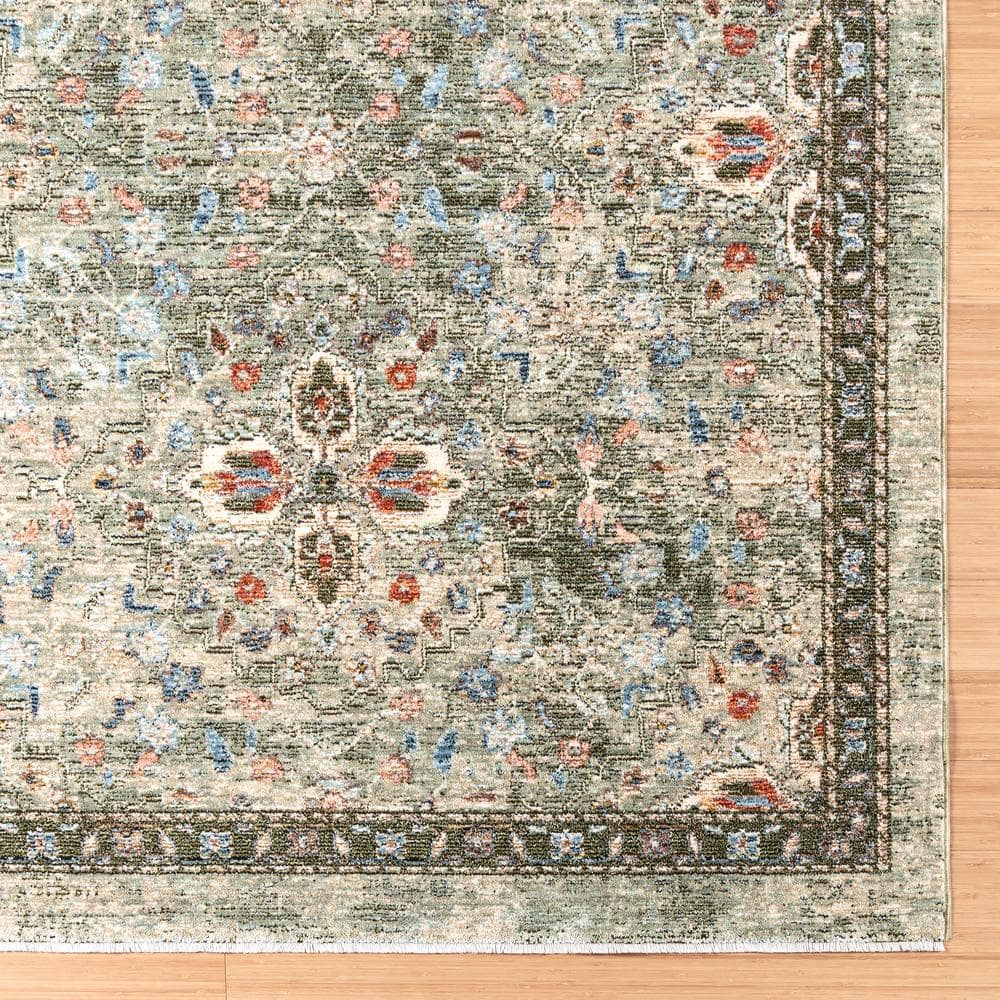 Ivory and Olive Green Synthetic Rectangular Area Rug
