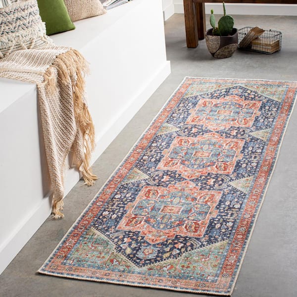 Candy Peach/Navy 3 ft. x 16 ft. Indoor Machine-Washable Area Rug