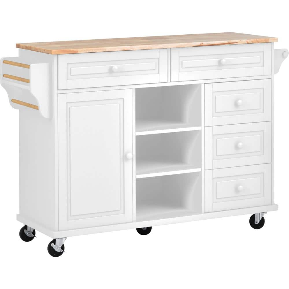 Sudzendf White Wood 52.8 in. Kitchen Island with Storage and 5-Draws ...