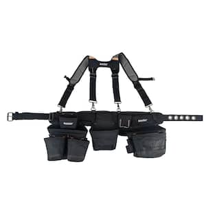 3-Bag 17-Pocket Professional High Visibility Framers Work Tool Belt Tool Storage Suspension Rig with Suspenders in Black