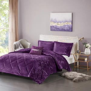 Isabel 4-Piece Purple Velvet Full/Queen Soft Velvet Lustrous Comforter Set with Throw Pillow