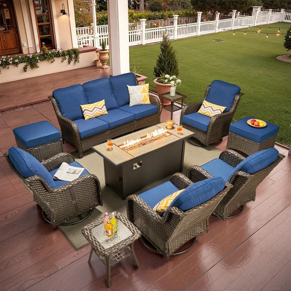 "Newport Brown Wicker 10-Piece Patio Conversation Sofa Swivel Chairs Set with Navy Blue Cushions and 54"" Metal Fire Pit" price history on PriceWatchPro