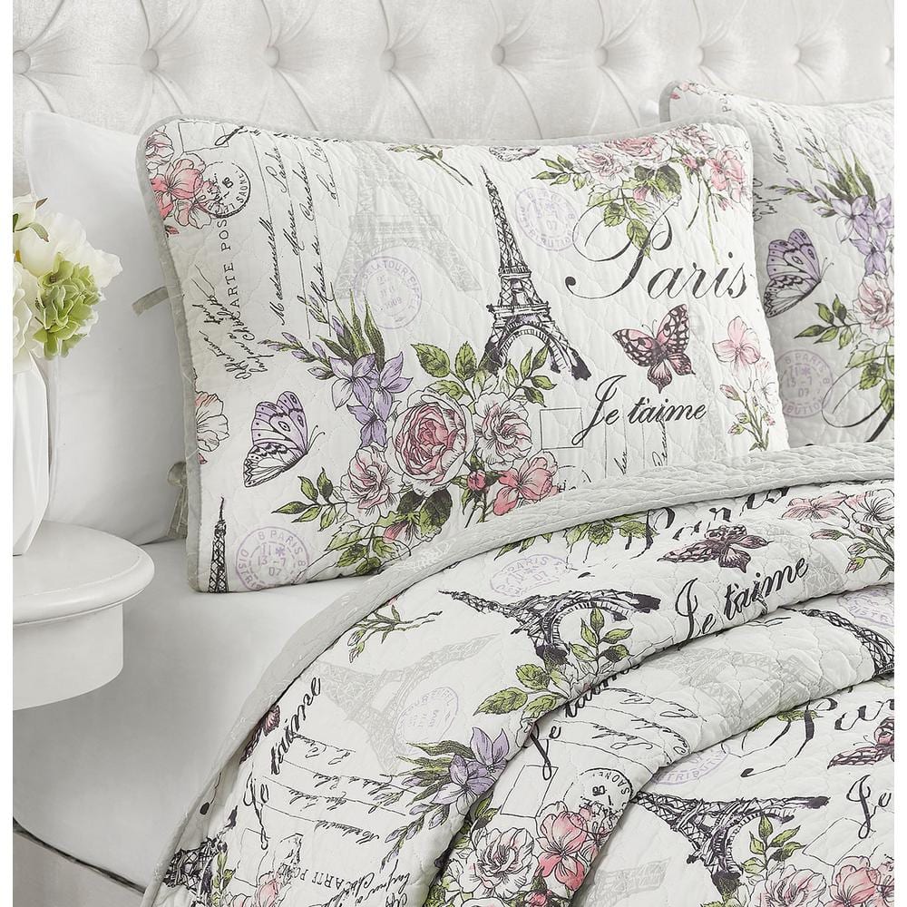 Gray and White Paris Floral Reversible Cotton Twin Quilt Set