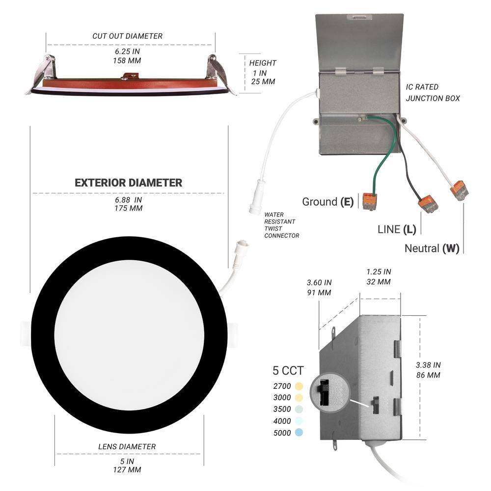 6" Black Ultra-Thin Fire Rated LED Recessed Downlight, 6-Pack