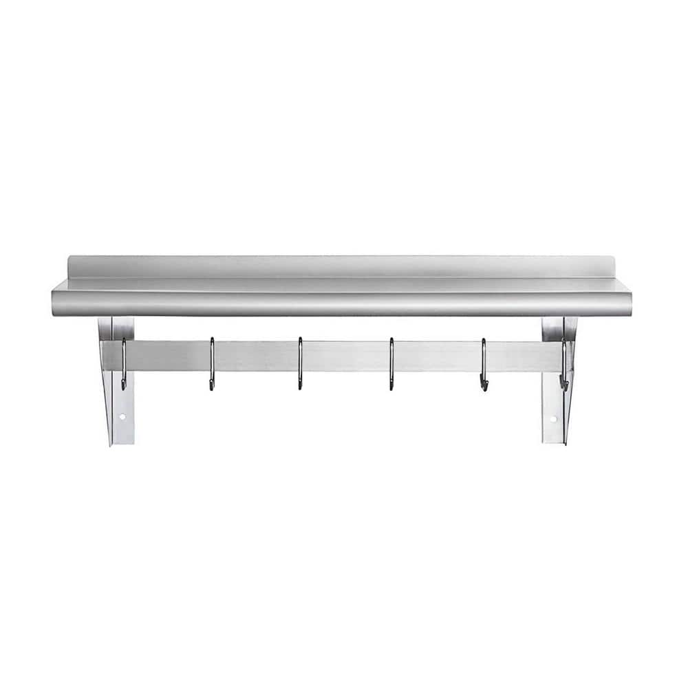 36" Stainless Steel Wall Mounted Shelf with Hooks and Brackets