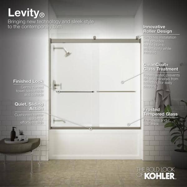KOHLER Levity 54-57 in. W x 60 in. H Semi-Frameless Sliding Tub Door in Nickel with 1/4 in. Thick Frosted Glass and Towel Bar