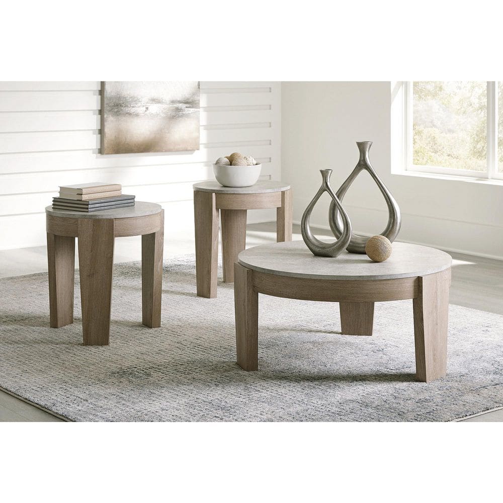 Light Brown and Gray Round Faux Cement Coffee and End Table Set