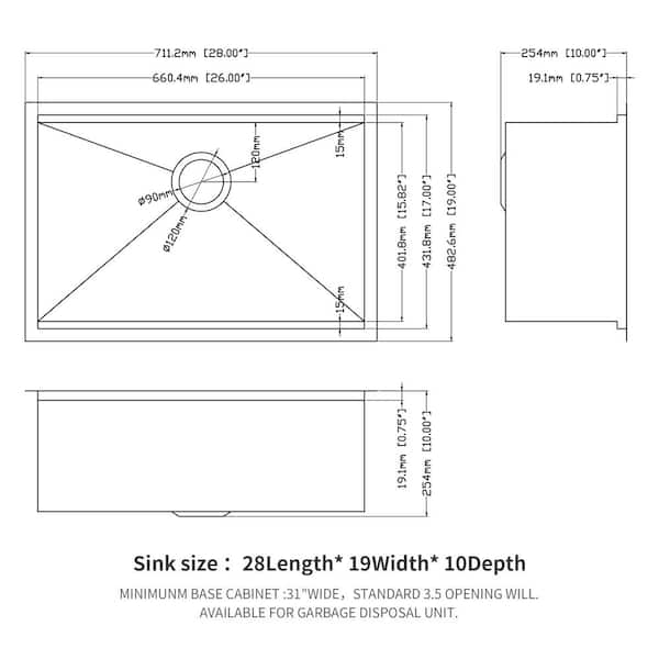 Tatayosi 28 in. W. x 19 x in. 10 in. Single Bowl Undermount 