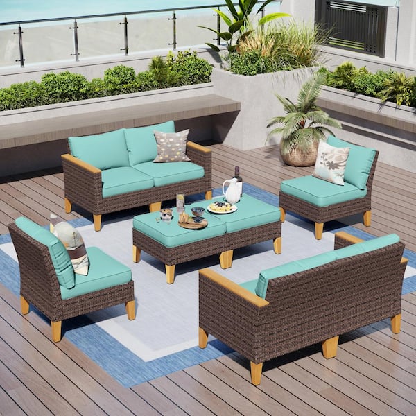 PHI VILLA Brown Rattan Wicker 8 Seat 8-Piece Steel Outdoor Patio Conversation Set with Blue Cushions