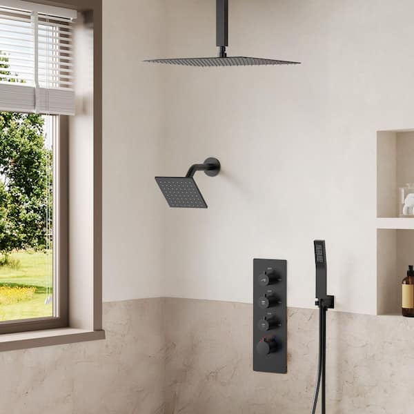 16 and 6 in. Thermostatic Shower System 7-Spray Ceiling Mount Dual Fixed and Handheld Shower Head 2.5 GPM in Matte Black