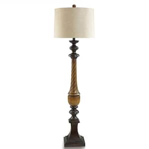 64.5 in. Faux Brown Wood, Oil Rubbed Bronze Floor Lamp with Light Brown Polyresin, Linen Shade