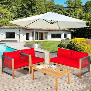 8-Piece Wood Patio Conversation Set Padded Chair with Coffee Table and Red Cushions
