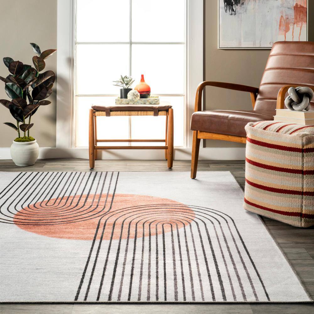 Burnt Orange and Dusty White Abstract 6' x 9' Synthetic Area Rug