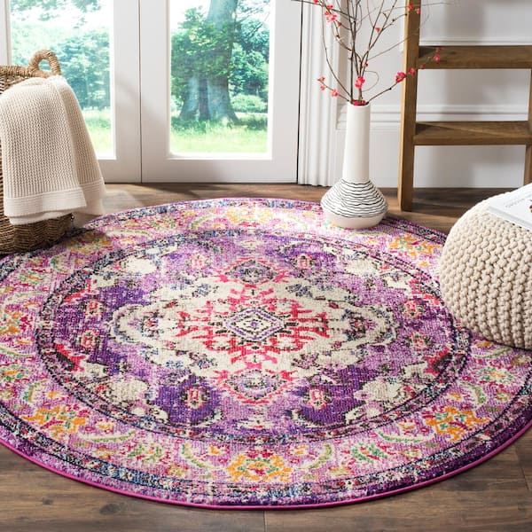 Monaco 5 ft. x 5 ft. Violet/Fuchsia Round Border Area Rug
