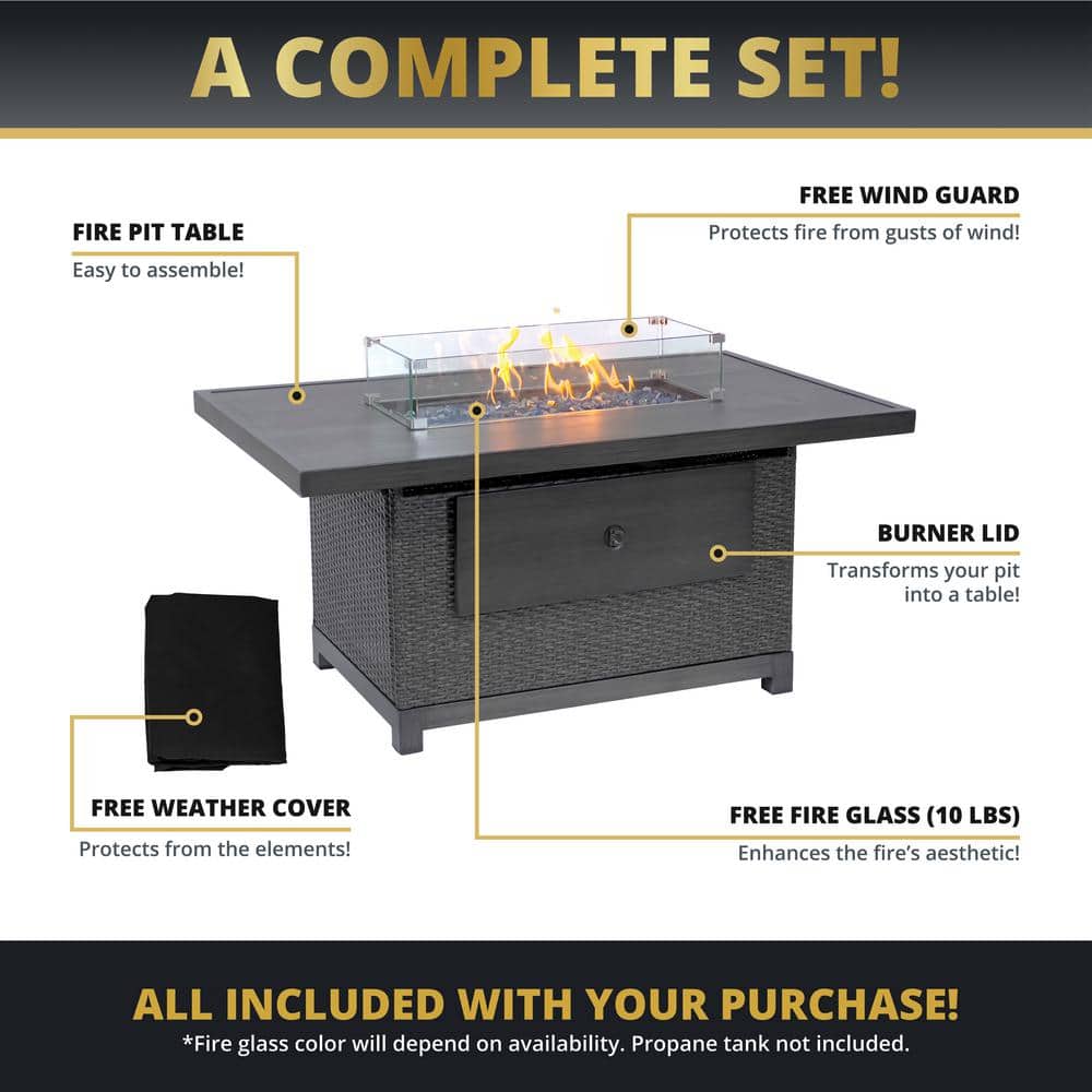 Novi 52" Gray Aluminum and Rattan Gas Fire Pit Table