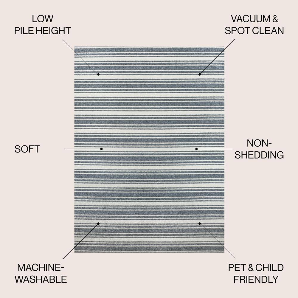 Cream and Dark Gray Striped Washable Synthetic Area Rug