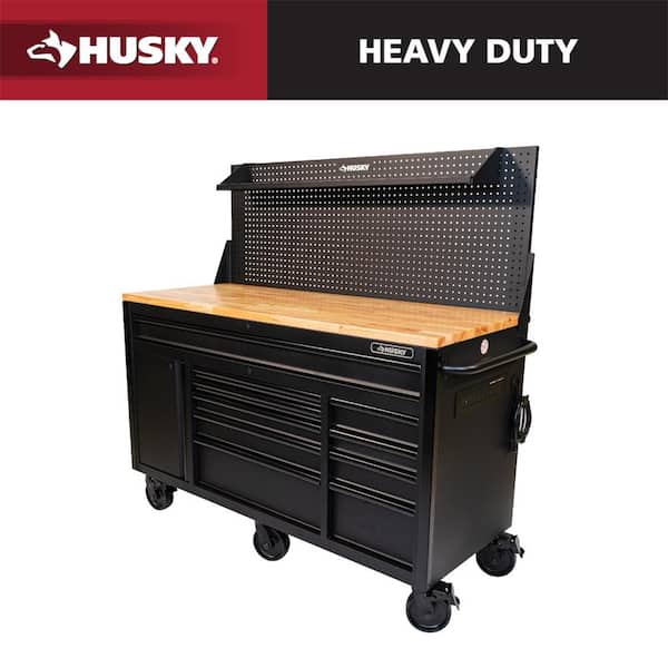 61 in. W x 26 in. D Heavy Duty 10-Drawer 1-Door Mobile Workbench with Hardwood Top, Pegboard and Shelf in Matte Black