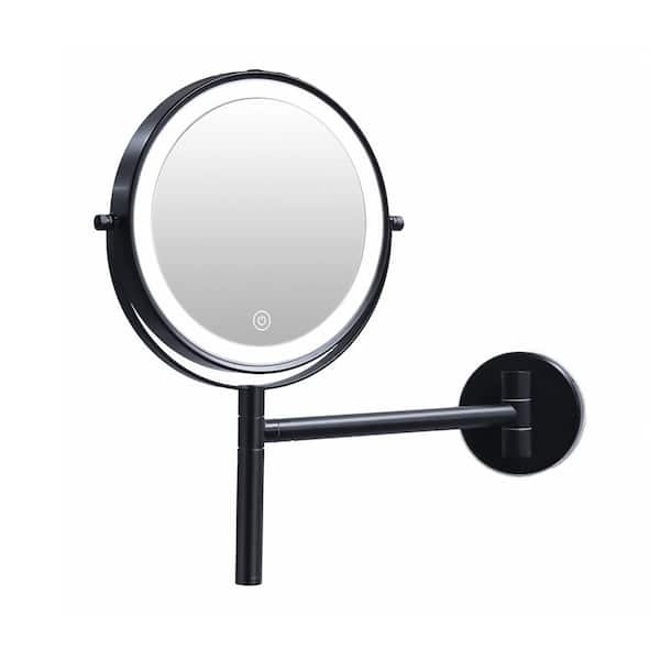 FUNKOL 8 in. W Small Round 3-Color LED 1X/10X Magnifying Wall Mounted Bathroom Makeup Mirror (Black)