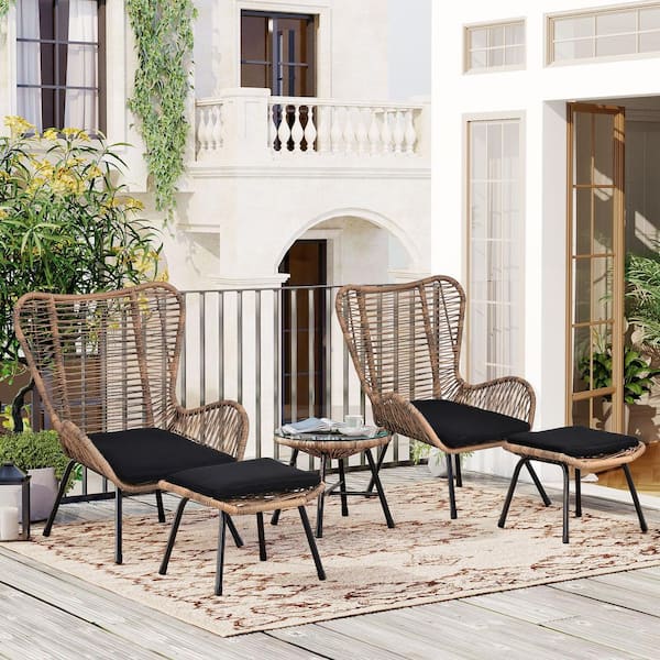 myhomore 5-Piece PE Rattan Wicker Outdoor Patio Conversation Set, Arm Chairs with Stools and Tempered Glass Tea Table for Balcony