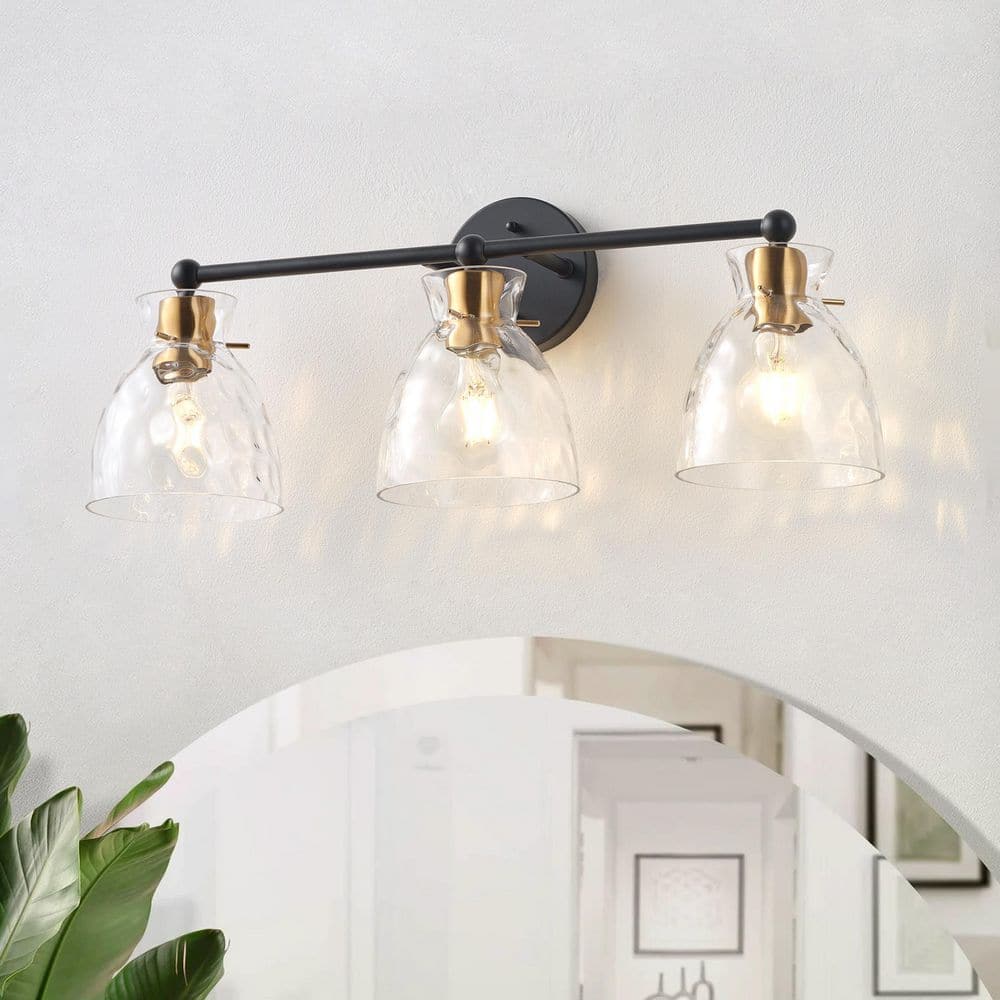 23.41 in. Modern 3-Light Black Vanity Light Bathroom Light Over Mirror with Water Ripple Glass Shades price history on PriceWatchPro