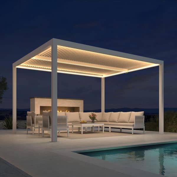 PURPLE LEAF 11 ft. x 13 ft. White Aluminum Frame Outdoor Louvered Pergola Gazebo with Adjustable Sunshade Roofs and LED Strip Lights