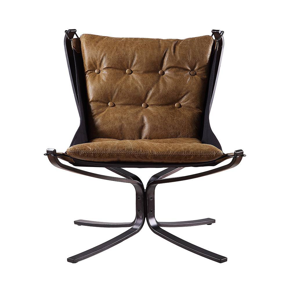 Vintage Coffee Top Grain Leather and Metal Accent Chair