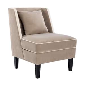 Tan Velvet Upholstered Accent Chair with Cream Piping, One Pillow, Rubber Wood Legs, Wingback Design