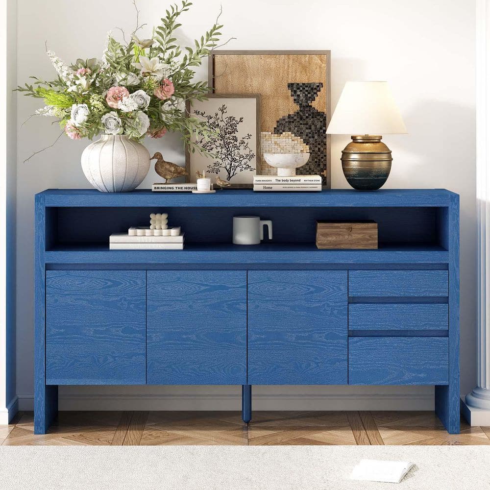 Navy Blue MDF 60 in. 3-Door Sideboard Buffet Cabinet Modern