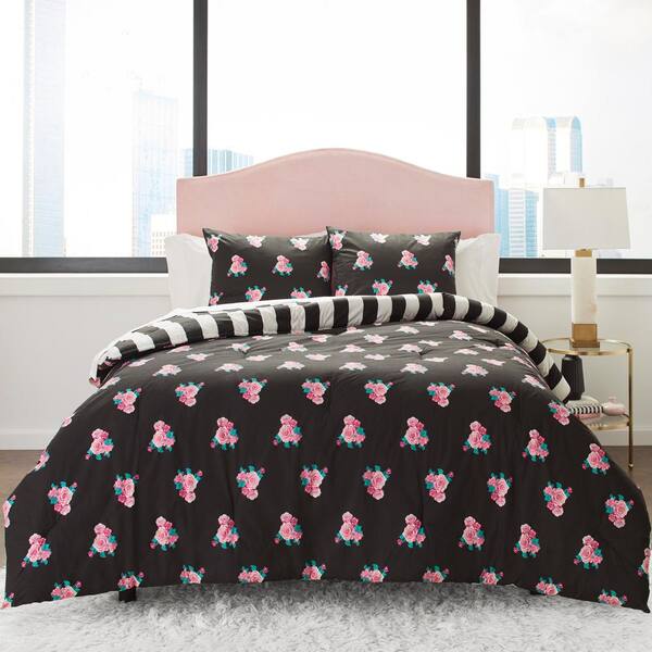 Betsey Johnson Romantic Roses 3 Piece Black Botanical Cotton Full Queen Comforter Set Ushsa51119992 The Home Depot Betsey Johnson Romantic Roses 3 Piece, Betsey Johnson Bedding Set