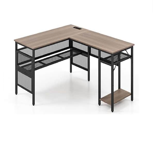 Costway 48 in. Reversible L-Shaped Grey Wash Computer Desk with Charging Station Adjustable Shelf CPU Stand