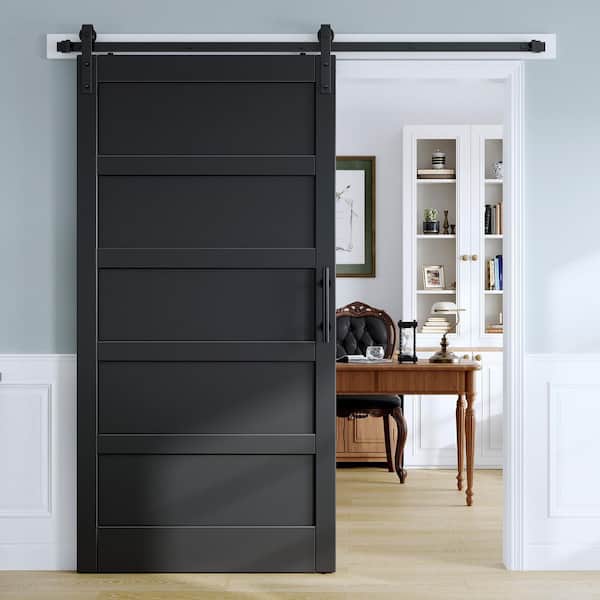 42 in. x 84 in. 5-Panel Black Finished MDF Wood Assembly Required Interior Sliding Barn Door with Hardware Kit