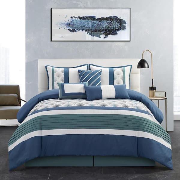 Sx 7 Piece Blue Patchwork Polyester, Can You Use King Size Bedding On A California Bed