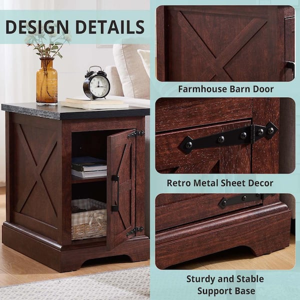 Oak 15.75 in. Nightstand with Barn Door and Adjustable Storage Shelf