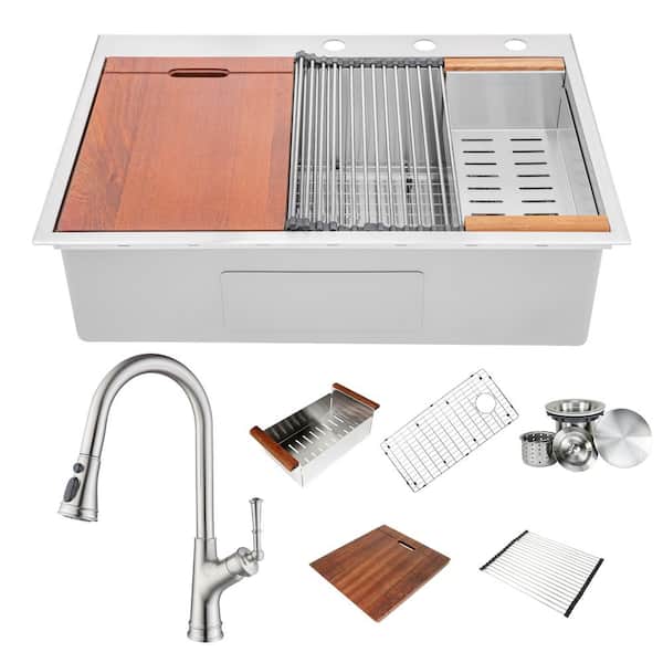 eModernDecor 16-Gauge Stainless Steel 33 in. Single Bowl Drop-In Workstation Kitchen Sink Combo with Faucet (Brushed Nickel Finish)