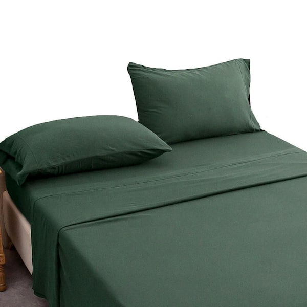 Soft 4-Piece Green Solid Jersey Knit Cotton Queen Size Sheet Set Deep Pocket Stretchy