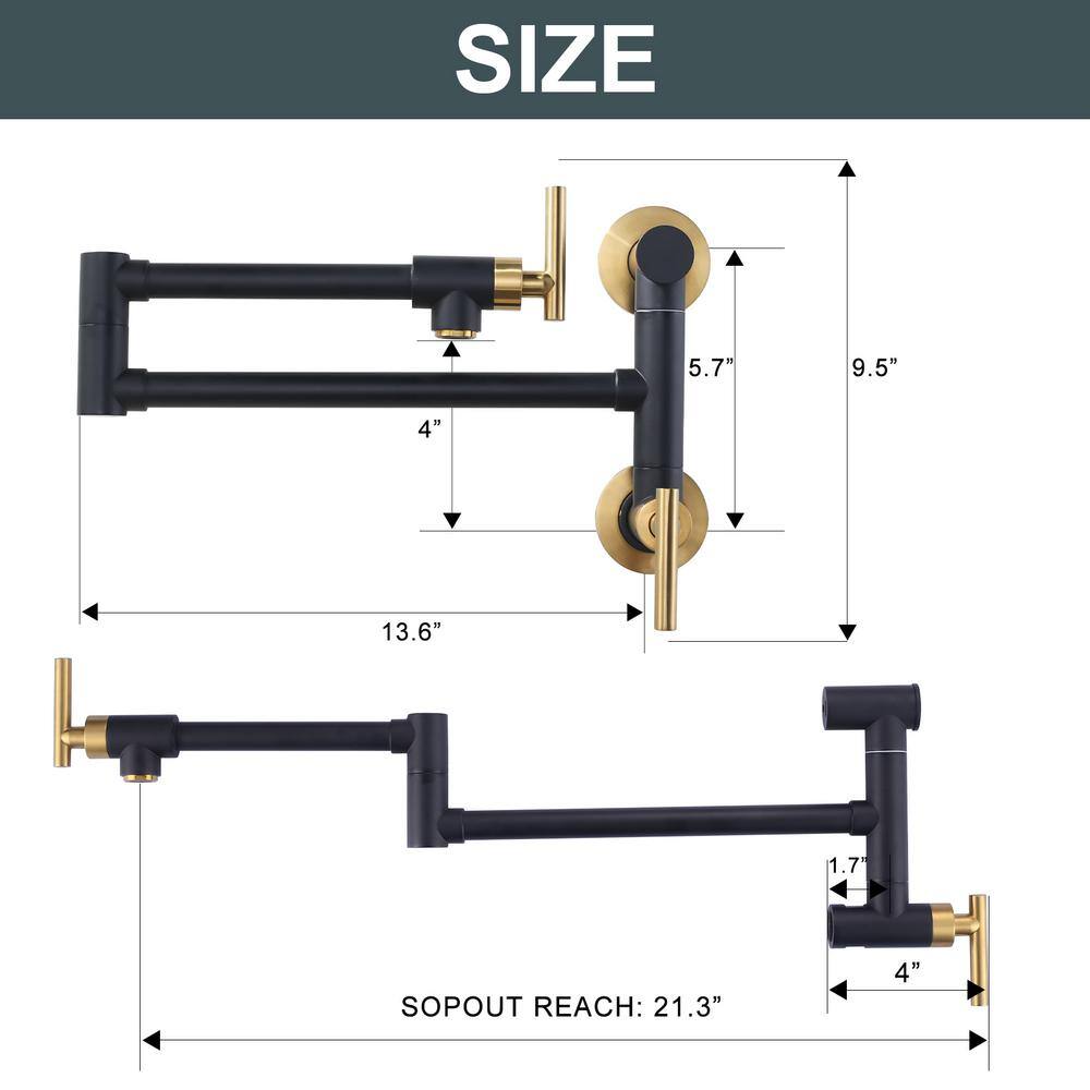 Black and Gold Brass Wall Mounted Pot Filler with Double Handle
