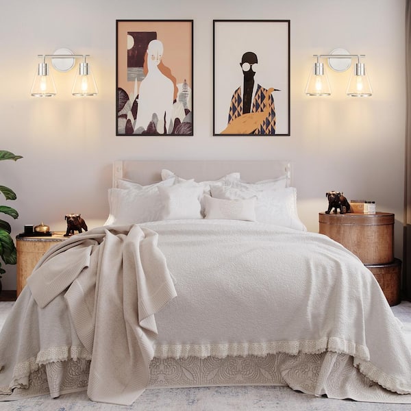 Modern 14 in. 2 Light Nickel Vanity Light with Glass Shade with Metal Ring, Dimmable Sconces Wall Lighting for Bathroom