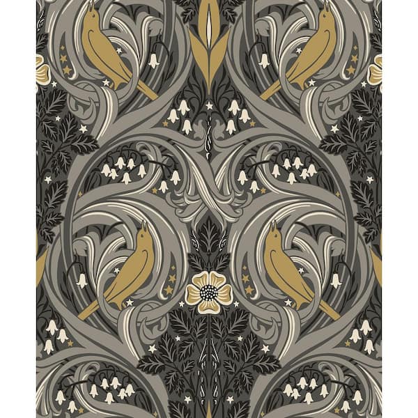 Seabrook Designs 57.5 sq. ft. Charcoal and Goldenrod Bird Scroll Unpasted Nonwoven Wallpaper Roll